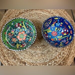 Set of 2 Small Turkish Bowls Handmade Ceramic Painted and Glazed Blue & Green
